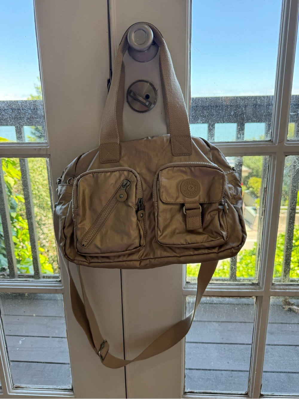 Kipling Gold Metallic Nylon Convertible Shoulder Bag